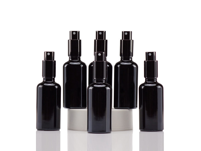 Black Glass Spray Bottles 2oz, with Small Fine Mist Spray, Metal Cap, Refillable for Essential Oil,Travel,Cleaning,Perfume,Aromatherapy,Makeup 6 Pcs