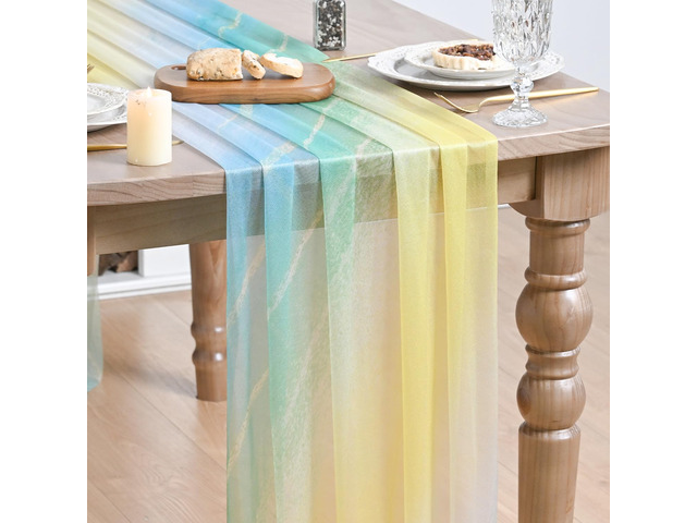 Artoid Mode Boho Gradient Yellow Blue Stripes Spring Chiffon Table Runner 120 Inches 10FT,Seasonal Fabric Kitchen Dining Holiday Table Decor for...