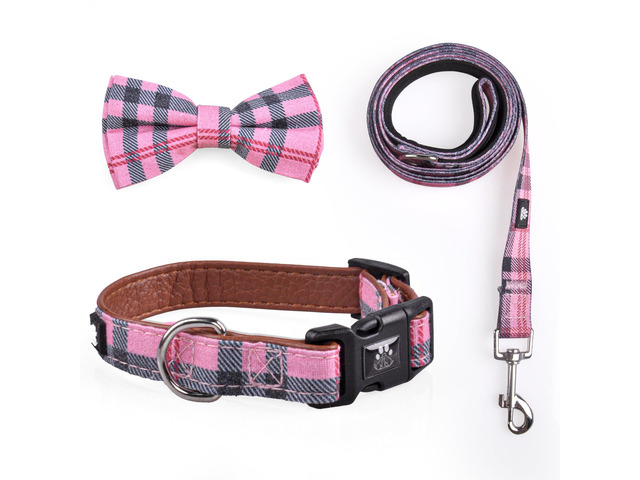 IVY & LANE Plaid Dog Collar with Bowtie and Leash Set for Large Dogs Adjustable Pet Collar,Detachable Bow Tie,5 FT Dog Leash,Checkered Pink,Large