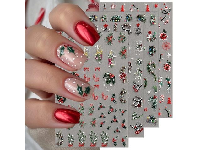 4 Sheets Christmas Nail Art Stickers 5D Embossed Holly Leaves Nail Decals Xmas Trees Elk Snowflake Designs Self Adhesive Nails Art Supplies Winter...