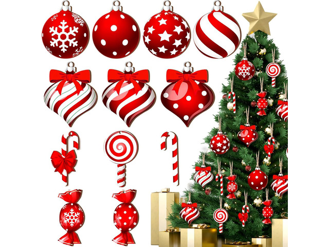 24 Pcs Christmas Wooden Hanging Ornaments with Ropes Candy Lollipop Ball Xmas Tree Wreaths Pendant Craft Decoration Winter Holiday Party Supplies