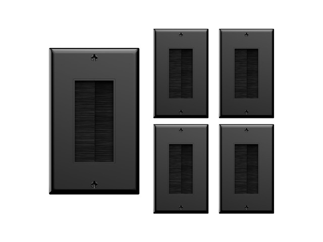 Single Gang Brush Wall Plate Low Voltage Cable Pass Through Black, 5PK Routes HDMI, Coax, Speaker, Network Cables, behind Wall Mount TV
