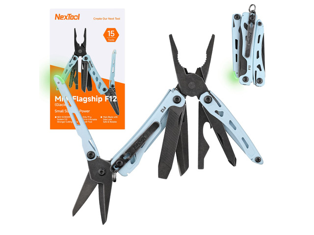 Mini Flagship F12 Keychain Multitool, Fifth Pocket Tools (Blue) 15-in-1 Multi Tool, 80Cr14Mov Steel, Serrated Scissors, Thicken Pliers, Safety Lock...