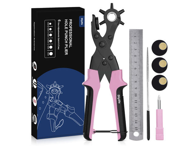 Leather Hole Puncher, Revolving Punch Plier, 6 Size Adjustment, Pink Double-lever Design, More Labor-saving, Ergonomic & Locking Handles, 3 Extra...