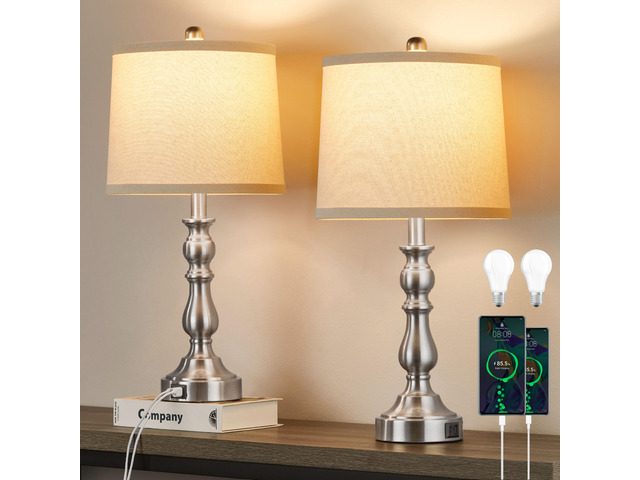 23'' Table Lamps Set of 2, Silver Lamps for Bedroom, USB C+A Ports Bedside Lamps with 3 Color Temperatures, Knob Switch, Lamps for Living Room,...