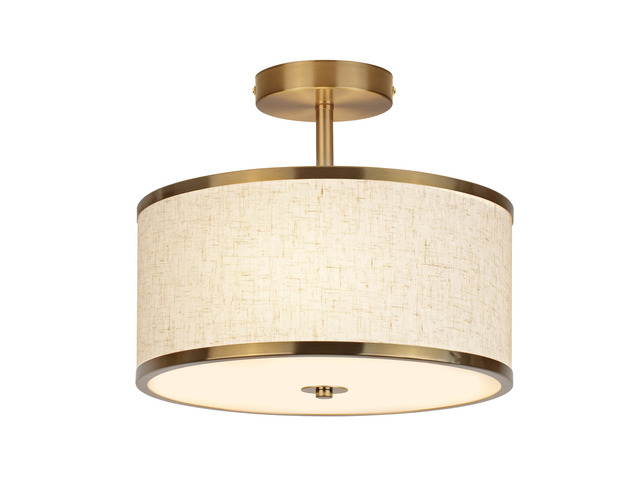 12.6 Inch Semi Flush Mount Ceiling Light, 3-Light Drum Lamp with Gold Brass Finish and Beige Shade, Ideal for Bedroom, Kitchen, Dining Room,...