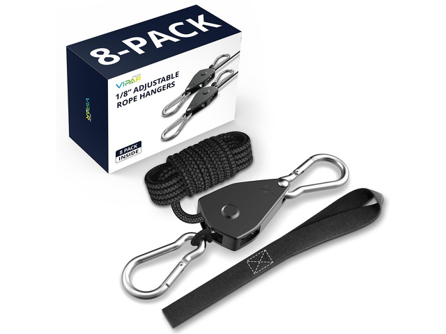 Retractable Heavy Duty Ratchet Tie Down Straps 1/8' 8 Pack, 8ft Tie-Down Hanger Pulley System for Grow Lamp Heavy Duty Grow Light Rope Hanger for...