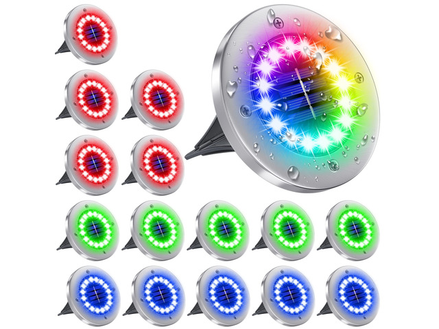 Solar Ground Lights Outdoor with 16 LEDs Multi-Color 16 Pack IP65 Waterproof, Stainless Steel Shell, Wire-Free, Easy to Use for Outdoor Garden Yard...