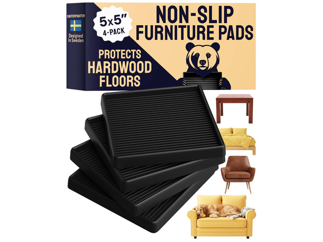Non-Slip Furniture Pads - 5x5 in Black, 4 Pack Heavy-duty rubber feet - noise-dampening, anti-skid - Use for furniture on hardwood floors