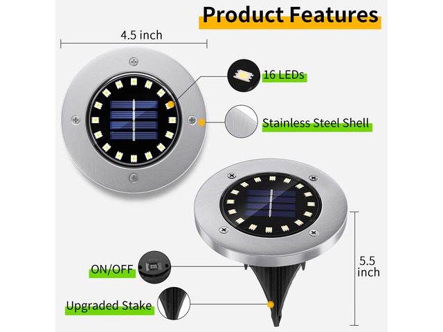 Solar Ground Lights Outdoor with 16 LEDs White 16 Pack IP65 Waterproof, Stainless Steel Shell, Wire-Free, Easy to Use for Outdoor Garden Yard Lawn...