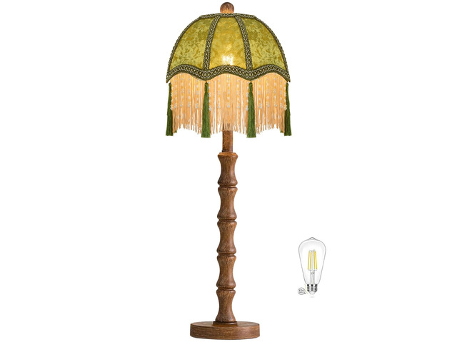 Vintage Table Lamp for Bedroom Living Room,Fringe Bedside Lamps Dimmable Boho Bedroom Lamp with Flower Green Lamp Shade,Mid Century Retro Tassel...
