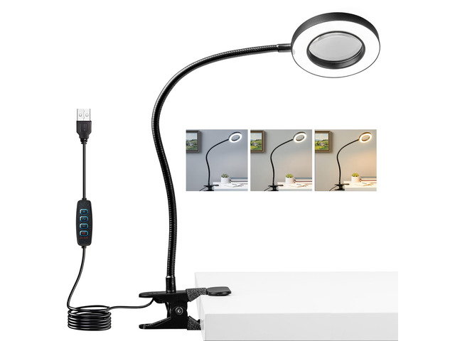 Clip on Lamp, 5X Magnifying Glass with Light LED Desk Clip Lamps Clamp Desk Lamp Bright Clip Light for Bed Bedside Table, Reading Light for Bed,...