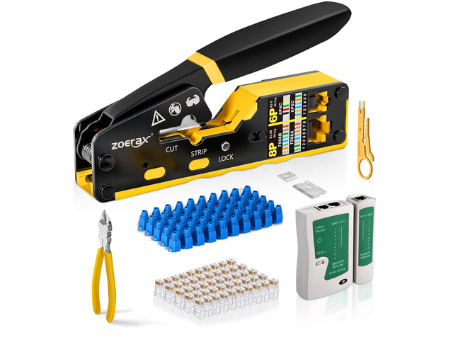 Ethernet Crimping Tool Kit RJ45 Crimp Tools,CAT5 Cat5e Cat6 RJ45 Crimping Tool Kit With Cable Tester, Mini Stripper, Blades,50Pcs Cat 6 Pass...
