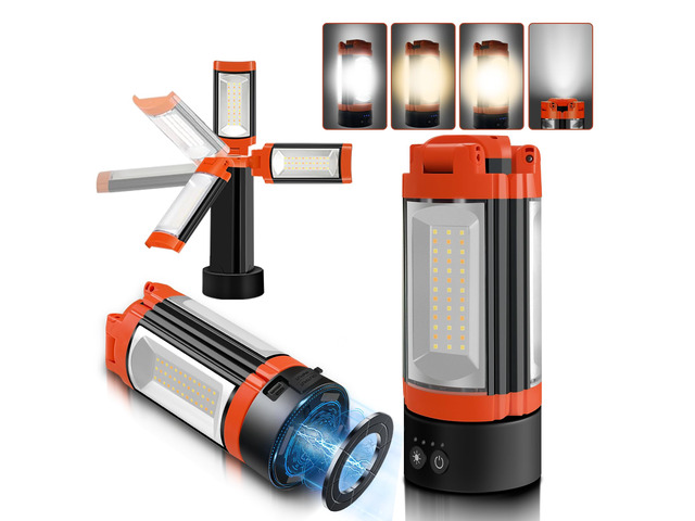 Rechargeable 10000mAh Camping Light with 3 LED Lamp Heads Cordless Work Light, 2200 Lumens Dimmable Magnetic Emergency Flashlight, Orange