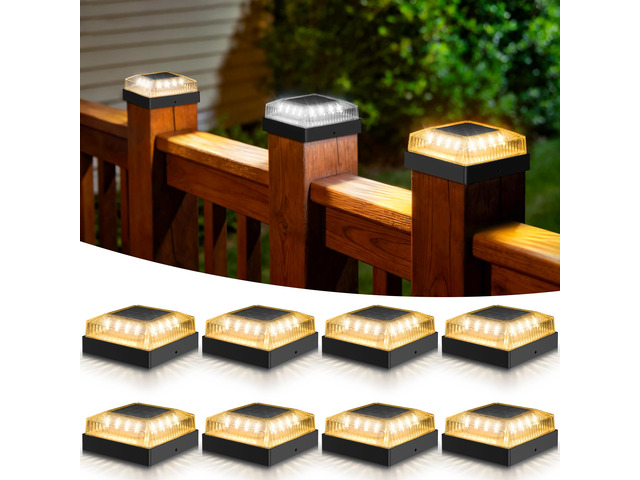 Solar Post Cap Lights for 4x4 Wood/Vinyl Fence Posts, 8-Pack 4x4 Post Solar Lights, IP65 Waterproof, 10-12 Hours of Illumination with 3 Lighting...