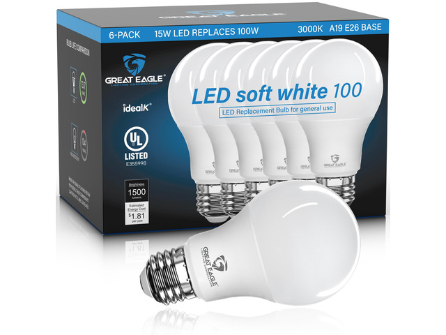 A19 LED Light Bulbs 100 Watt Equivalent - UL Listed - Soft White 3000K LED Light Bulbs, 15W Non-Dimmable, 1500 Lumens (6 Pack)