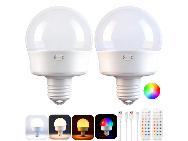 Rechargeable Light Bulbs with Remote, E26 Light Bulb for Lamps, 2 Pack Battery Light Bulb with 3CCT & 12RGB Colors, Dimmable, Timer, Wireless...
