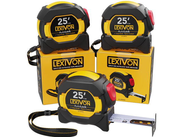 [3-Pack] 25Ft/7.5m AutoLock Tape Measure 1-Inch Wide Blade with Nylon Coating, Matte Finish White & Yellow Dual Sided Rule Print ...