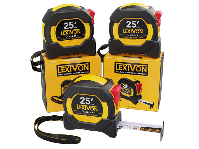 [3-Pack] 25Ft/7.5m DuaLock Tape Measure 1-Inch Wide Blade with Nylon Coating, Matte Finish White & Yellow Dual Sided Rule Print ...