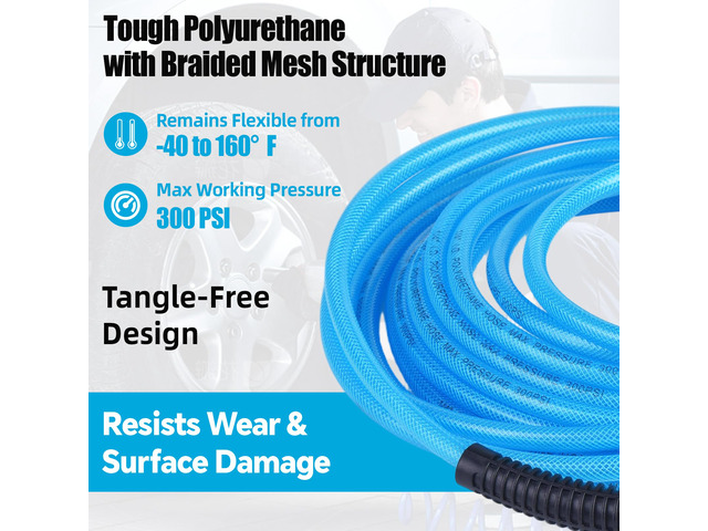 100FT 1/4 Inch Air Hose Reinforced Polyurethane Air Compressor Hose - Flexible Heavy Duty Braided Pneumatic Hose with Quick Connect Fittings 300...