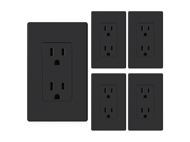 Matte Black Standard Decorator Electrical Wall Receptacle Outlet, 15A 125V, 2 Pole 3 Wire, Non-Tamper Resistant, NEMA 5-15R, Self-Grounding, Mid...