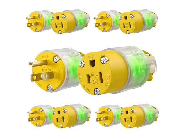 5 Sets Lighted Extension Cord Ends Replacement Plug 3 Prong 15A 125V NEMA 5-15P*NEMA 5-15R, Electrical Replacement Plug, Male and Female Extension...