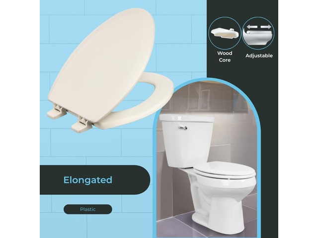 Heavy-Duty Elongated Toilet Seat, Wood Core/Plastic Finish, Biscuit Wood Core with Scratch-Resistant Plastic Finish, Won't Crack or Fade, Made in...