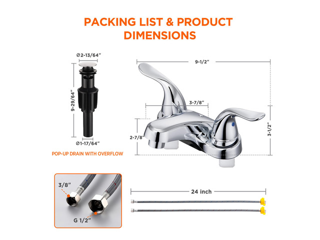 Bathroom Sink Faucets 2/3 Hole,Chrome Plating Dual Handles 4 inch Plastic Plating Over Bathroom Faucet with Pop-up Drain and 2 Supply Hoses for...