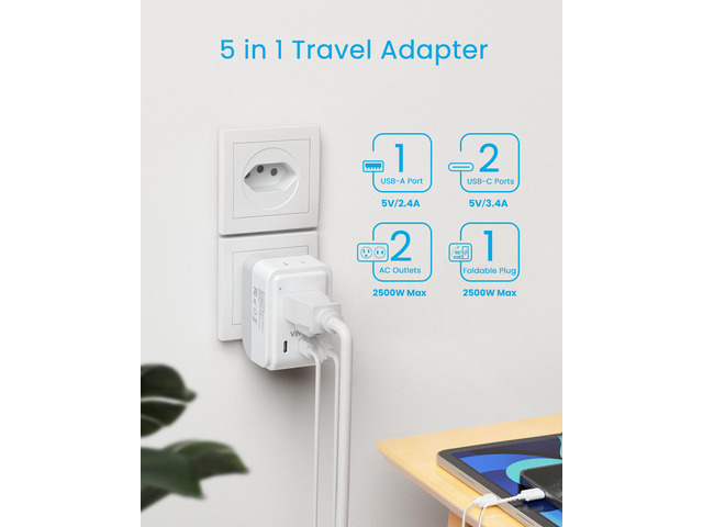 Brazil Power Adapter 1 Pack, Foldable Type N Plug Adapter 2 AC Outlets 3 USB Ports (2 USB C), Brazil Outlet Plug for US to Brazil Brazilian Brasil