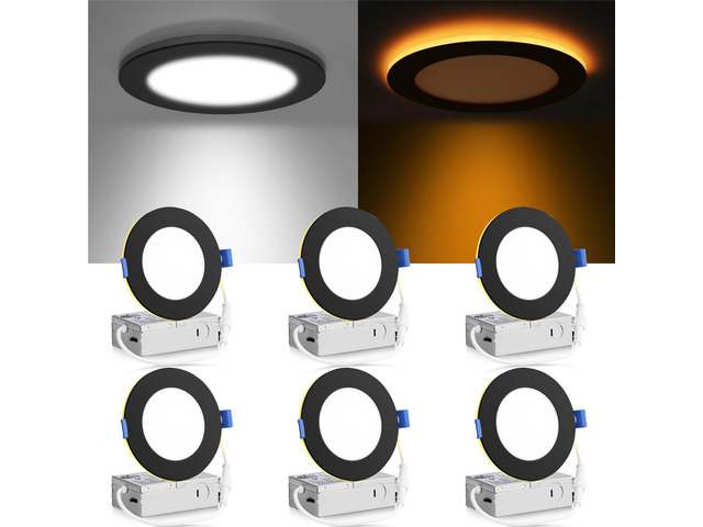 6 Pack 4 Inch 5CCT LED Recessed Lighting with Night Light, Black 9W 750LM, 2700K-5000K Ultra-Thin Ceiling Lights, Dimmable Canless Wafer Downlight...