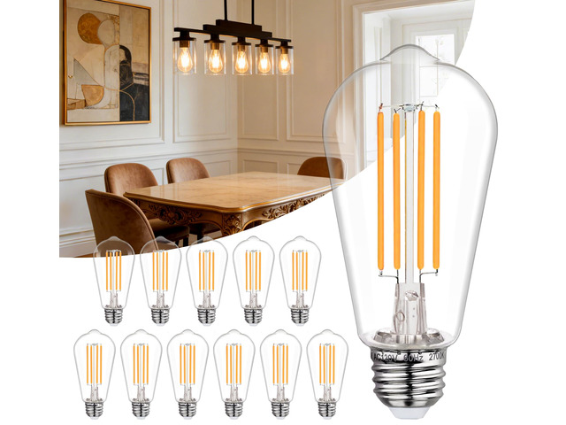 12Pack ST58/19 Vintage LED Edison Bulbs, E26 LED Bulb 60 Watt Dimmable Warm White 2700K, 800LM 6W Equivalent 60W LED Filament Light Bulb, Shatter...