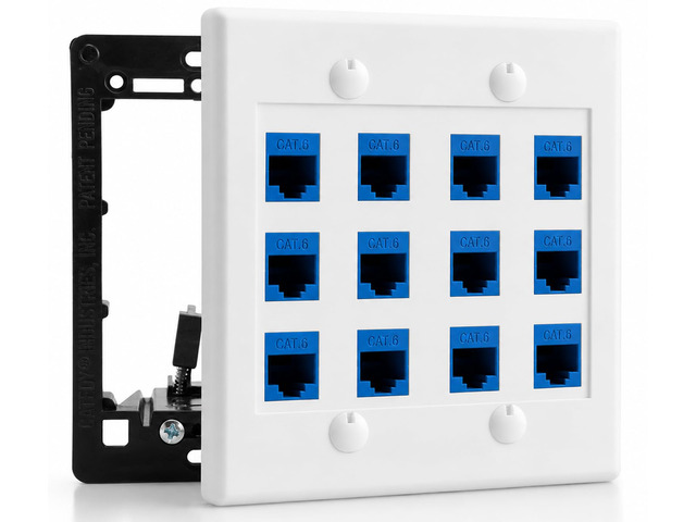 12 Port Ethernet Wall Plate, Cat 6, Wall Outlet, RJ45 Female to Female Keystone Jacks - White