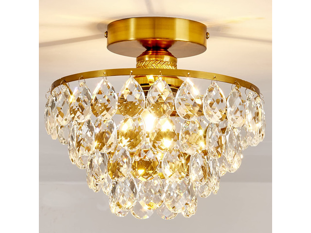 Modern E26 Small Crystal Chandelier Semi Flush Mount Ceiling Light Fixture Gold Ceiling Lamp for Hallway Bedroom Bathroom Closet Bedroom Foyer