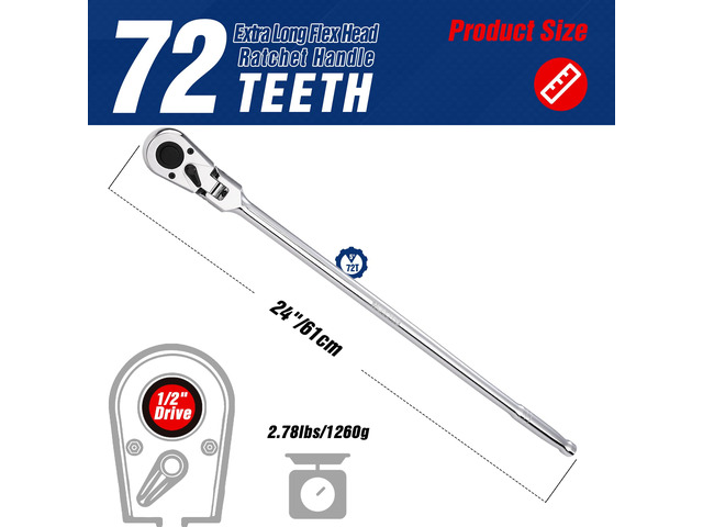 1/2 inch Drive Extra Long Flex Head Ratchet, 24 Inch Long CR-V Steel Ratchet Handle with Chromium Plating, CR-MO Head, Quick Release Reversible...