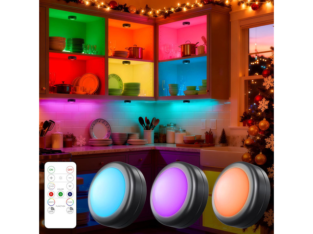 3 Pack LED Puck Lights Remote Control 16 Color Changeable Under Cabinet Lights, Battery Operated Lights Night Light with Dimmer & Timmer for Closet...