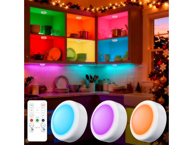 3 Pack LED Puck Lights Remote Control 16 Color Changeable Under Cabinet Lights, Battery Operated Lights Night Light with Dimmer & Timmer for Closet...