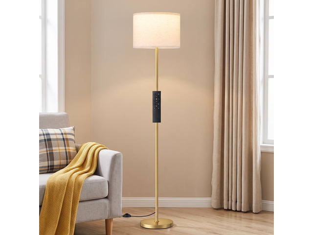 Dimmable Floor Lamp for Living Room with Remote, 9W 900LM LED Bulb Included, Beige Shade Gold Pole