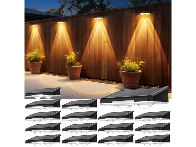 Solar Fence Lights Outdoor, 16 Pack, 3 Color Modes, IP65 Waterproof Warm/Neutral/Cool White Fence Lights Solar Powered for Outside, Deck Lighting...