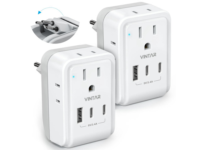 Brazil Power Adapter 2 Pack, Foldable US to Brazil Travel Adaptor 4 American Outlets with 3 USB Ports (2 USB C), 7-in-1 Type N Plug Adapter for US...