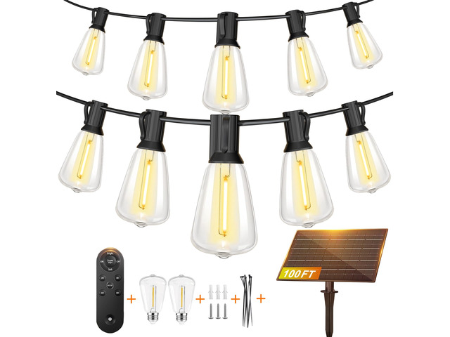 100FT Solar String Lights, Outdoor with Remote 30+2 ST38 LED Waterproof Remote Control Solar Lights Porch Garden Market Bistro Patio Backyard Fence