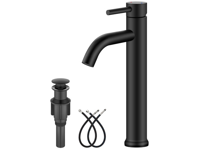 Matte Black Vessel Sink Faucet Bathroom Faucet Tall Stainless Steel Bathroom Sink Faucet Single Handle One Hole Round Body with Pop up Drain Basin...