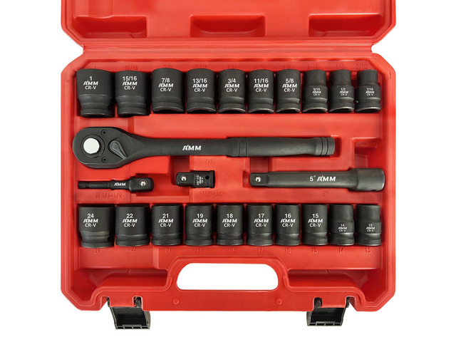 1/2' Drive Master Impact Socket Set, 24-Piece Shallow Standard SAE (7/16-Inch to 1-Inch) & Metric (13-24 mm) Sizes, Socket Assortment with Ratchet...