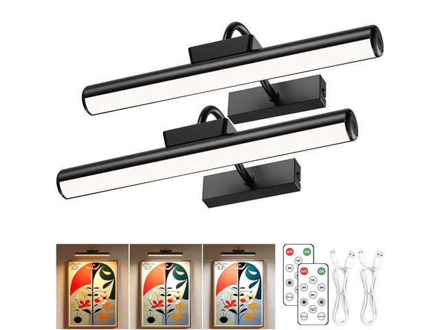 13' Wireless Picture Lights for Wall, Rechargeable Art Light, 2Pack Black Aluminum Photo Frame Light, Remote & Touch Control, 5000mAh Battery, 3...