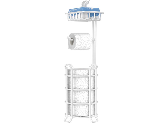 Toilet Paper Holder Free Standing with Shelf, Stable 4 Raised Feet Stores 4 Mega Rolls, Tool-Free Assembly, Powder-Coated Metal Frame, Bathroom...
