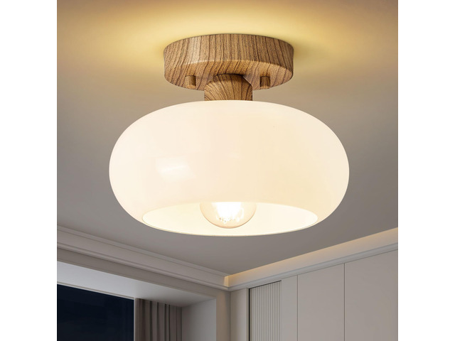 Mid-Century Modern Faux Wood Semi Flush Ceiling Light 8.66 Inch Mini White Glass Shade Close to Ceiling Lighting Fixture For Kitchen Entryway...