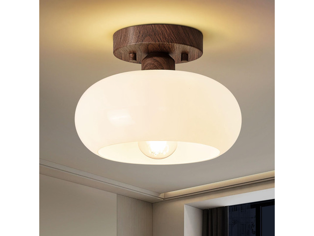 Mid-Century Modern Faux Walnut Wood Semi Flush Ceiling Light 8.66 Inch Mini White Glass Shade Close to Ceiling Lighting Fixture For Kitchen...