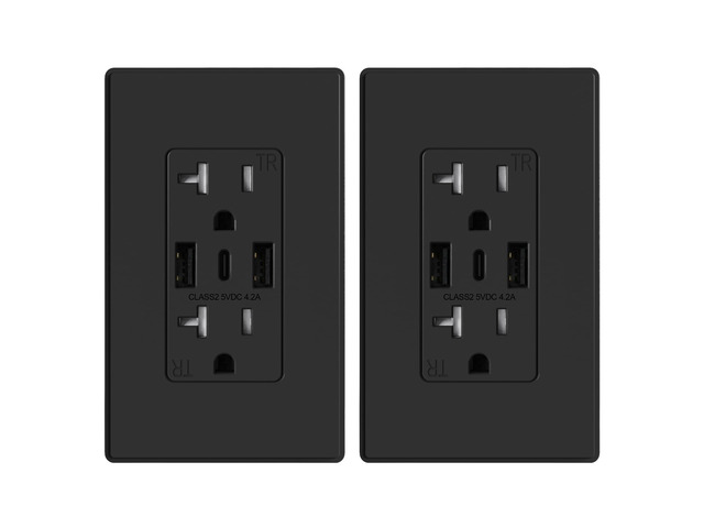 USB-C Wall Outlets - Matte Black, 3-Port 20 Amp TR Tamper-Resistant Outlets with USB-C Ports, Screwless Wall Plate Included, UL & CUL Listed, 2 Pack
