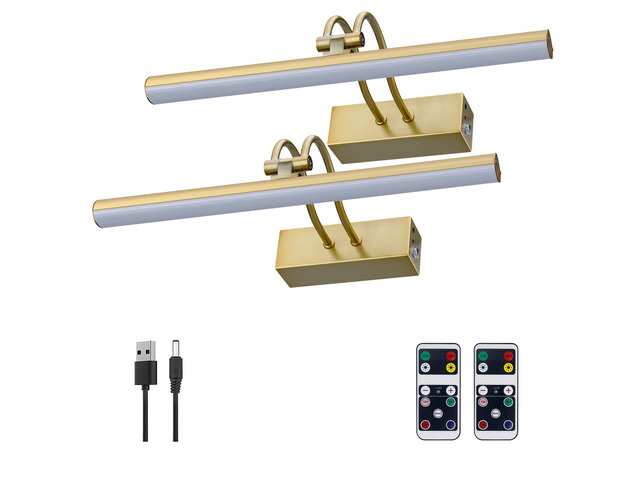 Picture Light,2PK Battery Operated Wall Sconce,13' Art Light,Brass Rechargeable Photo Lights,Remote Timer and Dimmer Gallery Light for...