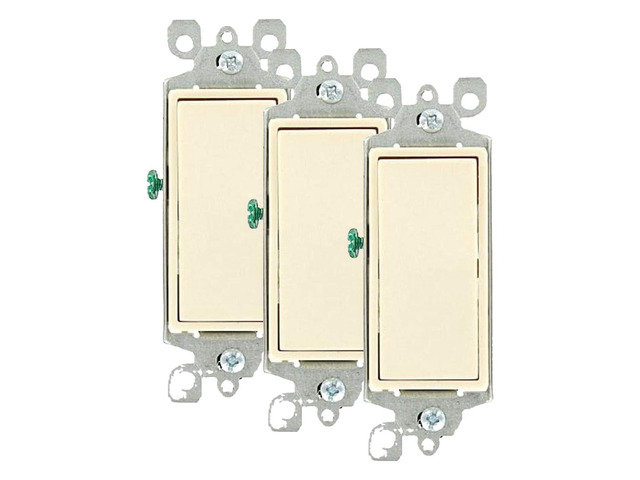 5603-2T 15 Amp, 120/277 Volt, Decora Rocker 3-Way AC Quiet Switch, Residential Grade, Grounding, Light Almond (Pack of 3)