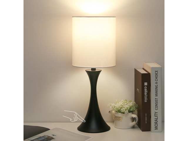 3 Way Touch Control Table Lamp, Modern Bedside Lamp for Bedroom, Dimmable Black Nightstand Lamp White Shade Desk Reading Light for Living Room...